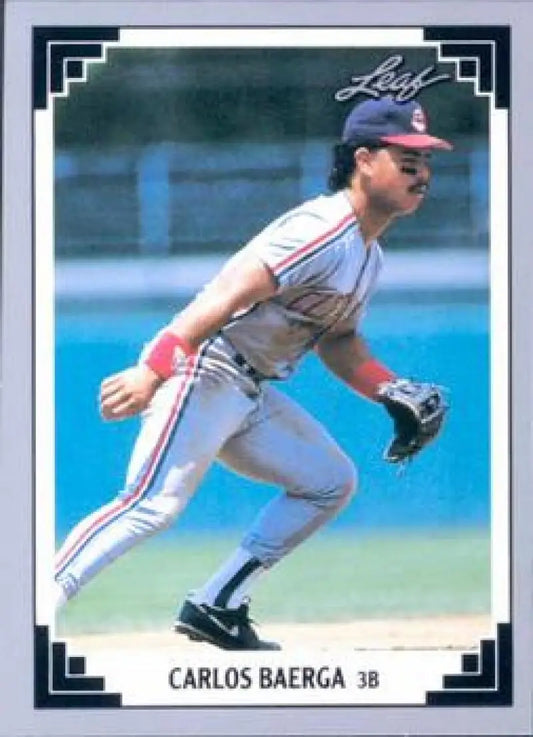 Carlos Baerga fielding at third base in Cleveland Indians uniform on baseball card