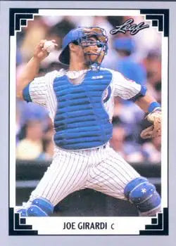 Baseball card of Joe Girardi in a Chicago Cubs pinstriped uniform and blue chest protector