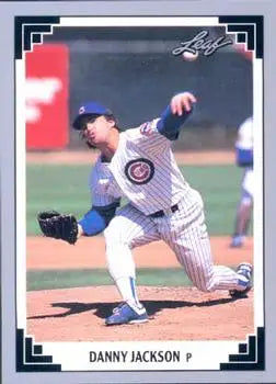 Baseball card of Danny Jackson pitching for the Chicago Cubs in a pinstriped uniform