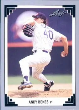 Baseball card of Andy Benes in San Diego Padres uniform during a pitch throw