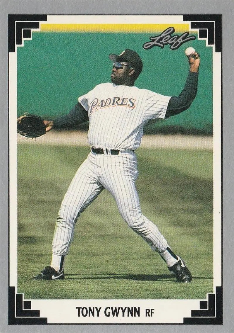 Baseball card of Tony Gwynn, San Diego Padres outfielder in throwing motion