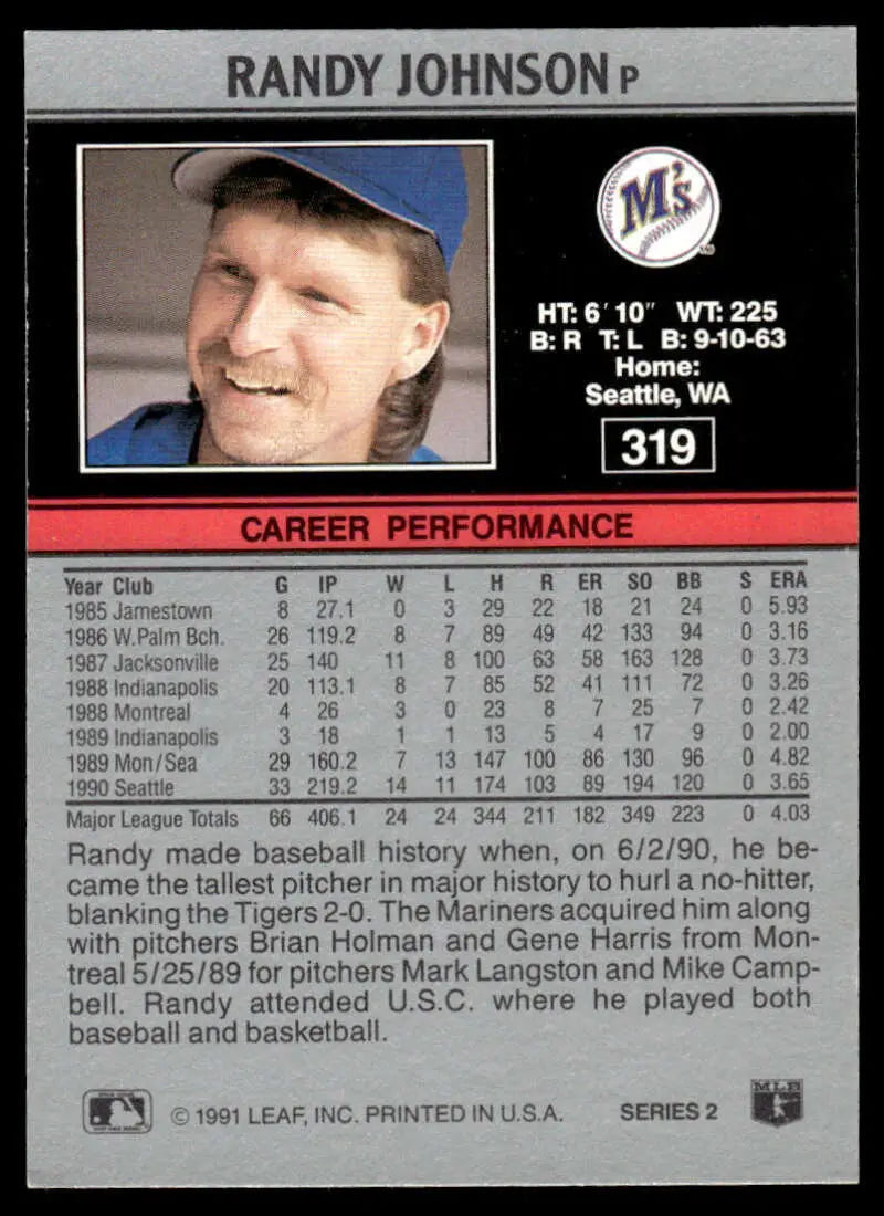 Randy Johnson 1991 Leaf Seattle Mariners baseball card with career stats and bio