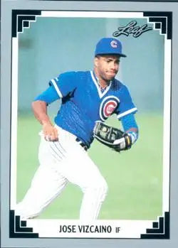 Baseball card of Jose Vizcaino in a Chicago Cubs uniform making a fielding play