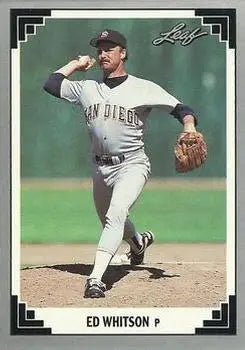 Baseball card of San Diego Padres pitcher Ed Whitson in gray road uniform mid-throw