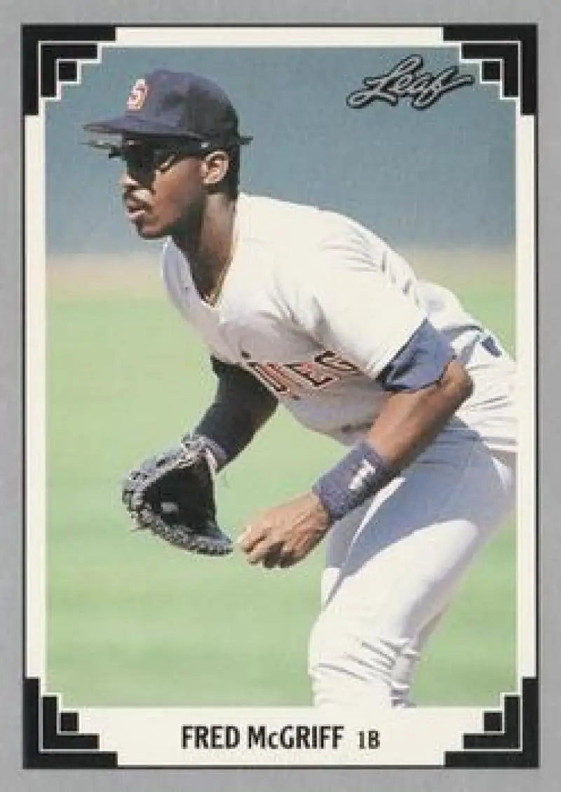 Baseball card of Fred McGriff in fielding stance for San Diego Padres