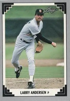 Baseball card of Larry Andersen delivering a pitch for the San Diego Padres in white uniform