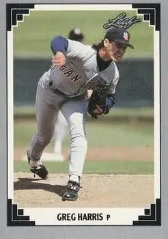 Greg Harris mid-delivery in 1991 Leaf San Diego Padres Baseball Card #422