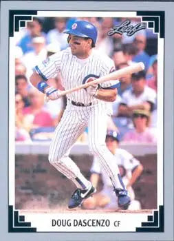 Baseball card of Doug Dascenzo in Chicago Cubs pinstriped uniform at bat