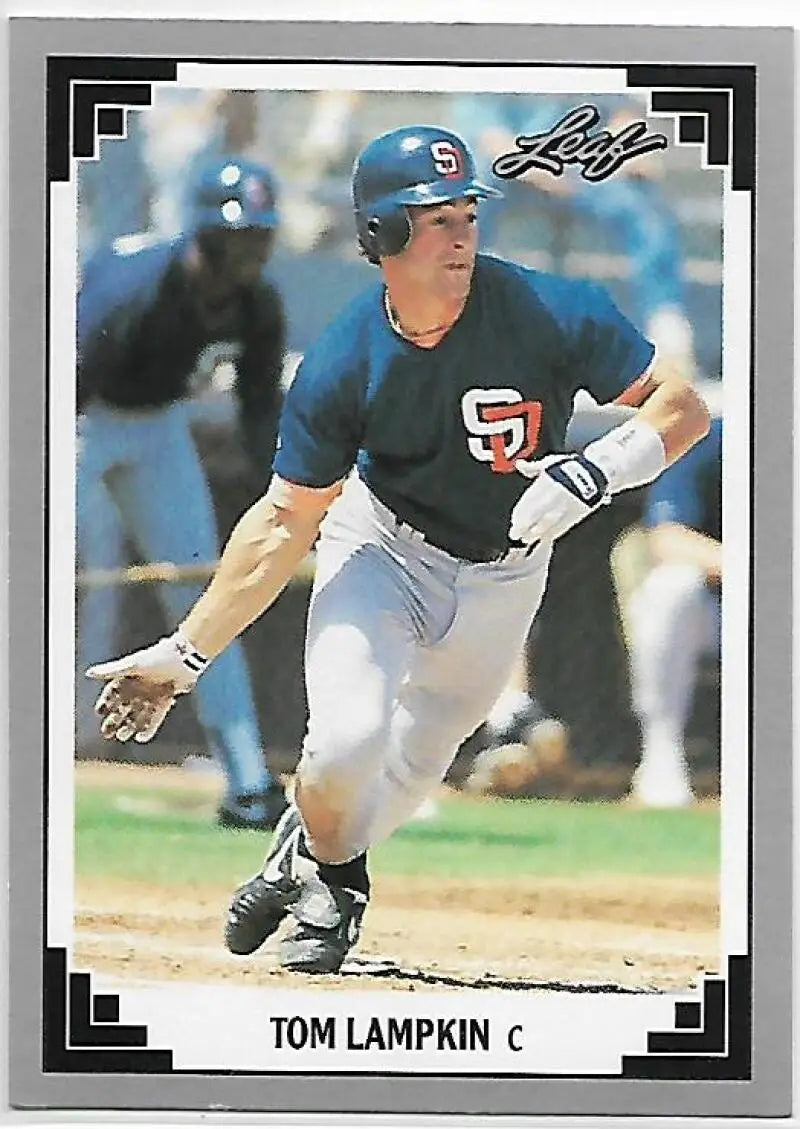 Tom Lampkin San Diego Padres baseball card in batting stance with navy blue uniform