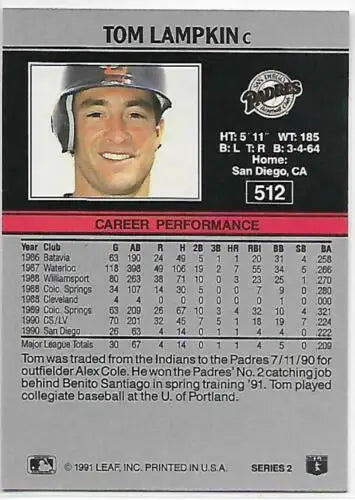 1991 Leaf #512 Tom Lampkin baseball card showcasing original gloss from Padres collection