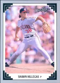 Shawn Hillegas mid-throw in white uniform on Cleveland Indians baseball card