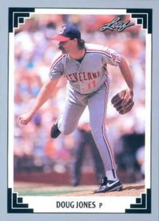 Baseball card of Doug Jones pitching in gray uniform for Cleveland Indians Baseball