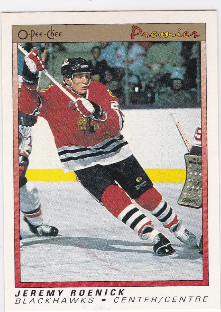 Hockey player in red jersey skating, showcasing 1991 O-Pee-Chee OPC Premiere Rookie Roenick RC Blackhawks