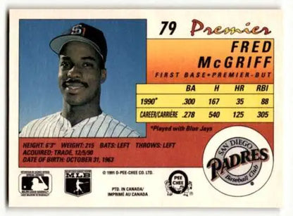 1991 O-Pee-Chee Premier #79 Fred McGriff San Diego Padres baseball card original gloss