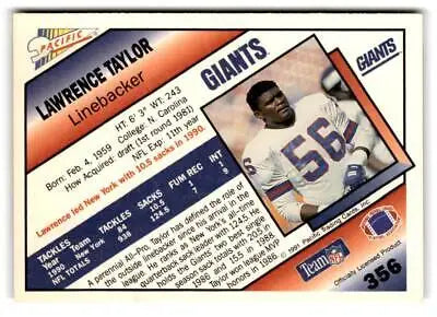 Lawrence Taylor football card from 1991 Pacific #356 trading cards collection