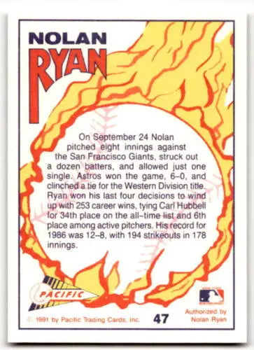 Nolan Ryan baseball card back featuring original gloss from 1991 Pacific Ryan Texas Express