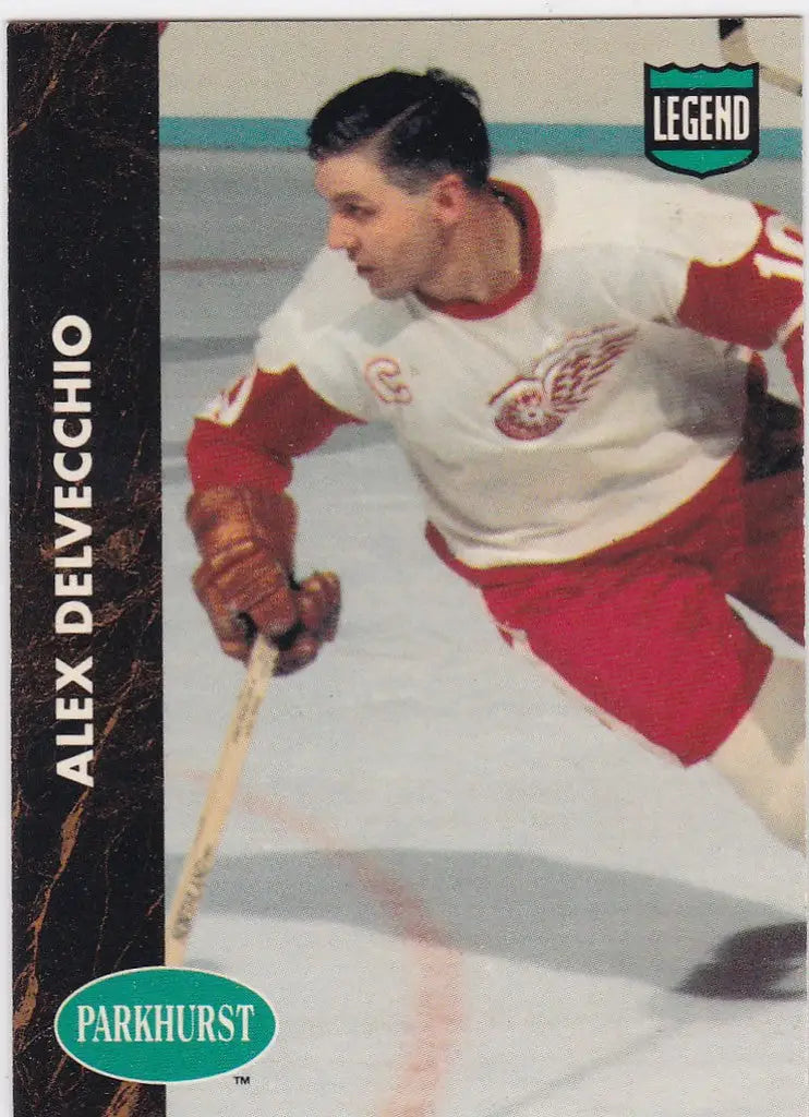 Hockey trading card of PHC2 Alex Delvecchio, Detroit Red Wings player in action