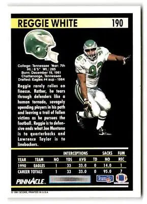 Reggie White trading card from the 1991 Pinnacle #190 series