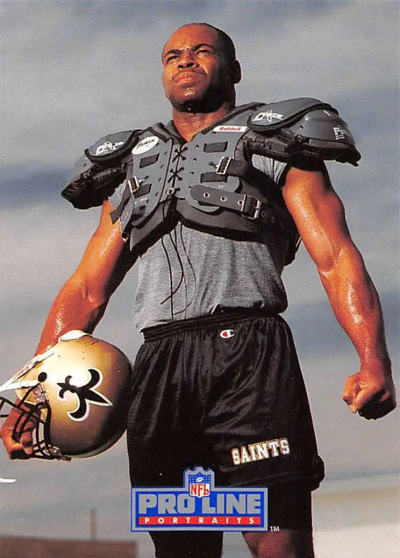 Sam Mills in Saints gear with helmet, featured on Pro Line Portraits football card