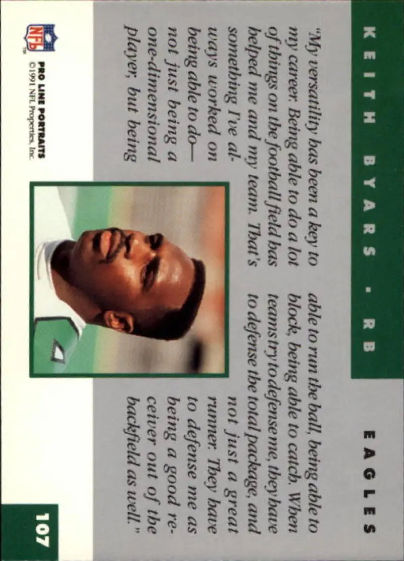 1991 Pro Line Portraits #107 Keith Byars Football Card, Philadelphia Eagles, green border