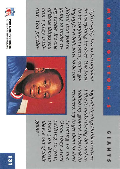 Trading card of Myron Guyton in red jersey from Pro Line Portraits for New York Giants