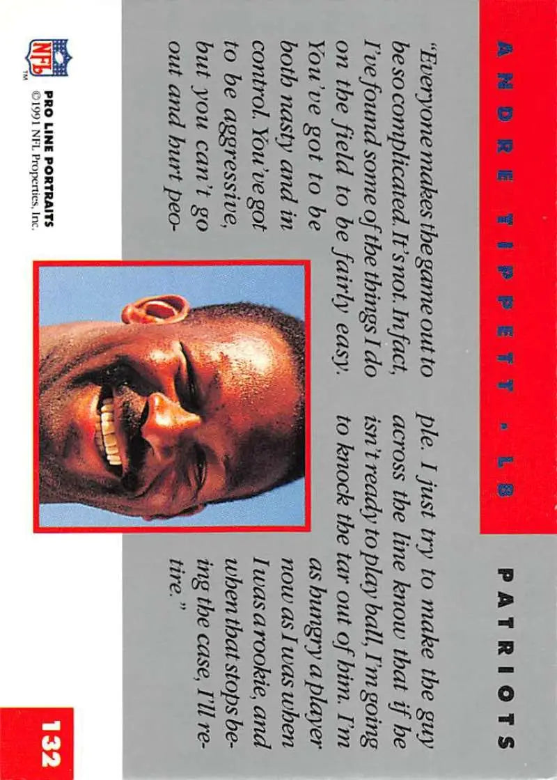 Close-up of an expressive laughing face on 1991 Pro Line Portraits Andre Tippett card