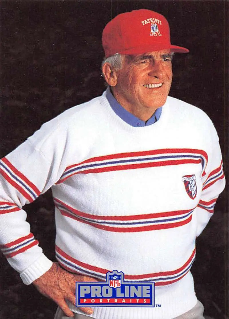 White NFL Pro Line sweater with red stripes and Patriots cap inspired by Dick MacPherson