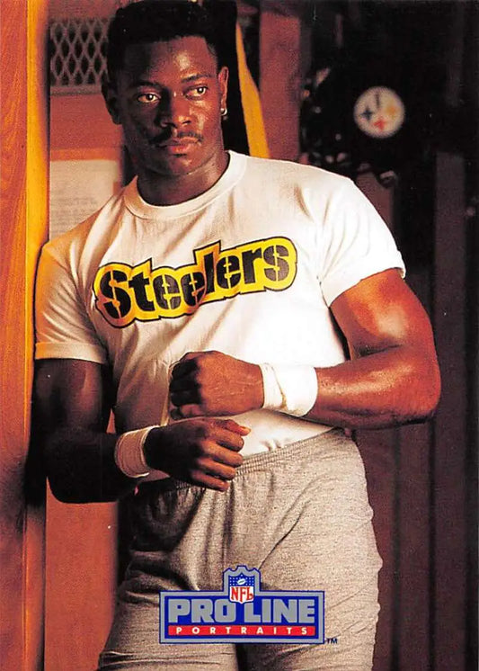 Muscular athlete in white Pittsburgh Steelers t-shirt promoting Tim Worley Pro Line Portraits