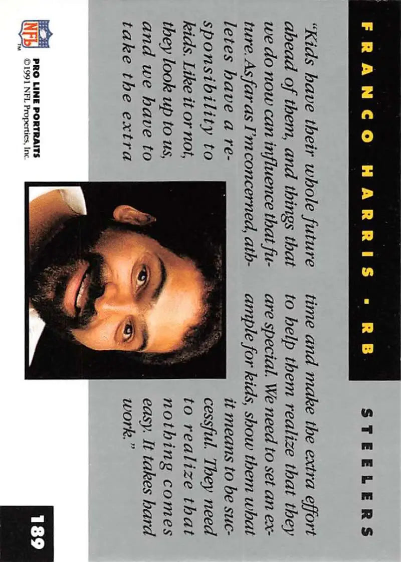 Trading card featuring Franco Harris from Pro Line Portraits with black borders and text