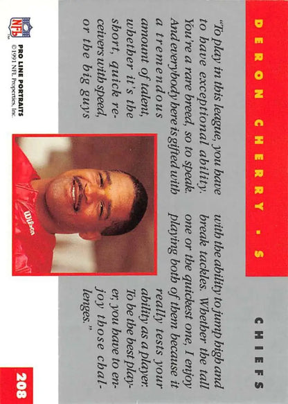 Trading card featuring Deron Cherry with red and gray design, Pro Line Portraits Kansas City Chiefs