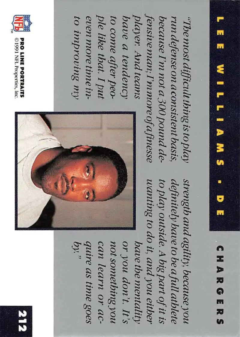 Lee Williams trading card featuring headshot on dark blue design, San Diego Chargers memorabilia