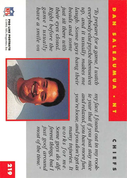 1991 Pro Line Portraits Dan Saleaumua NFL trading card with red borders and gray text