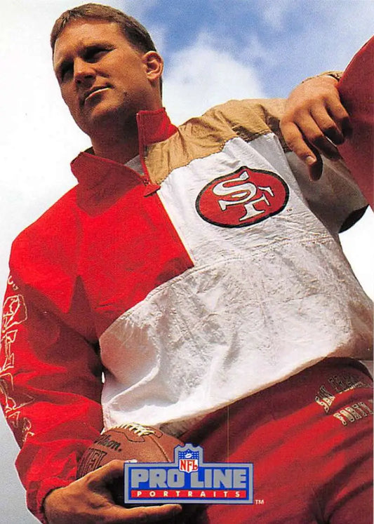 San Francisco 49ers Pro Line branded jacket in red and white featuring Brent Jones design