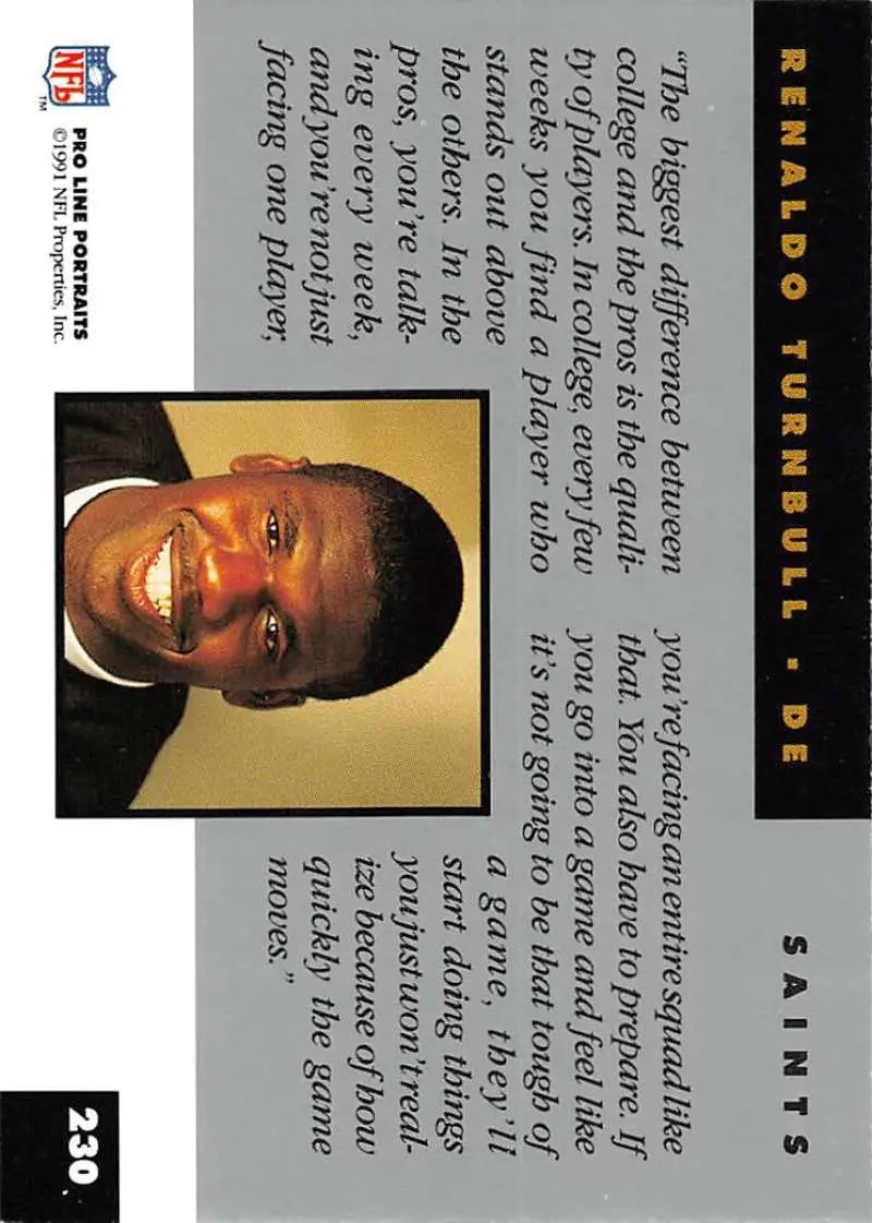 NFL trading card of Renaldo Turnbull, featured in Pro Line Portraits for Orleans Saints