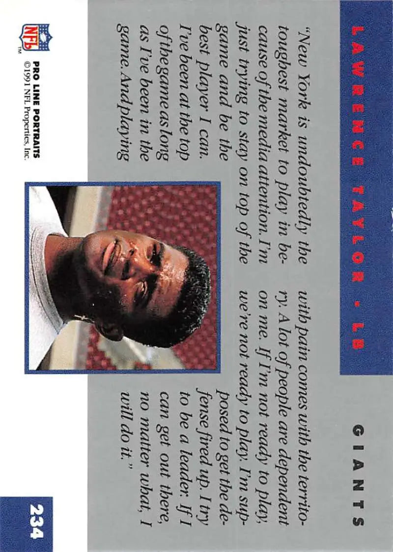 Lawrence Taylor New York Giants football card with blue borders and text design