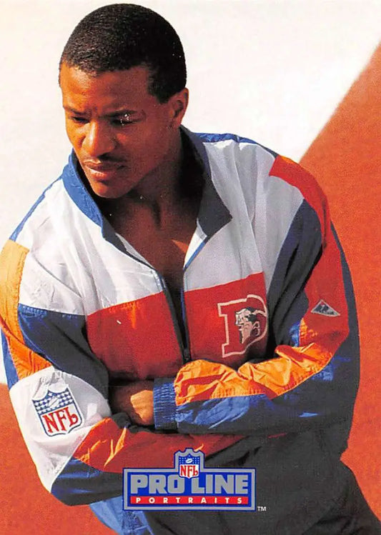 Football player in 1990s colorful NFL Pro Line windbreaker, Steve Atwater, Denver Broncos