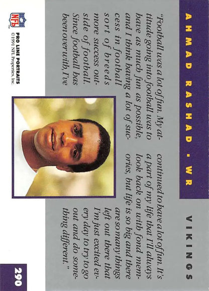 1991 Pro Line Portraits Ahmad Rashad Football Card with Purple Border Minnesota Vikings