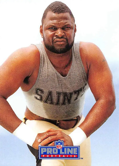 Muscular athlete in gray SAINTS tank top poses, representing Rickey Jackson New Orleans Saints Football Card