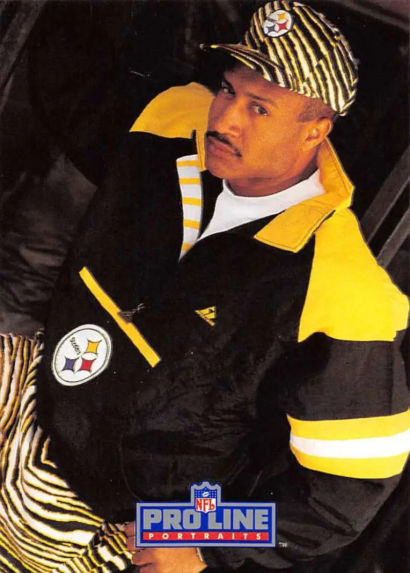 Black and yellow Pittsburgh Steelers jacket with zebra accents, features Carnell Lake design