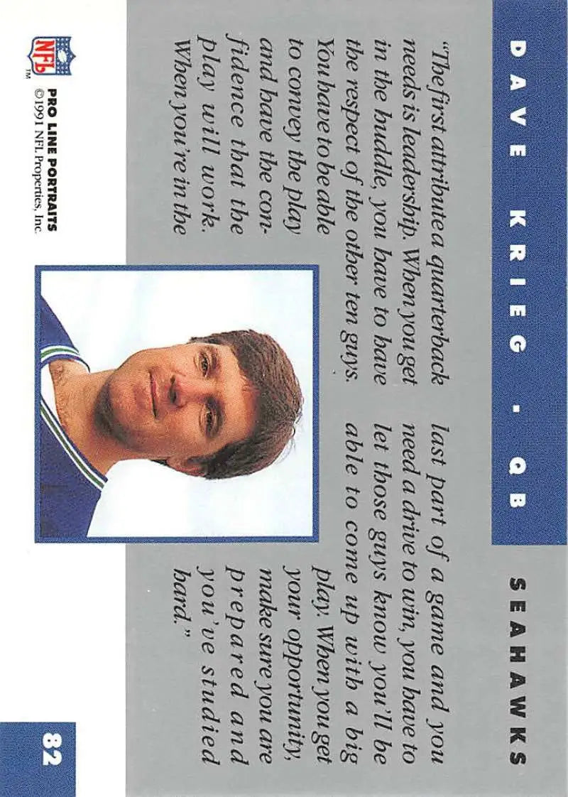 Trading card featuring Dave Krieg in Pro Line Portraits with blue border and white text