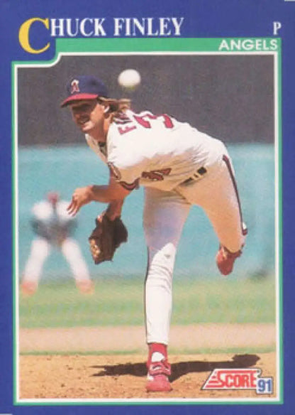 Baseball card of Chuck Finley, California Angels pitcher delivering a pitch