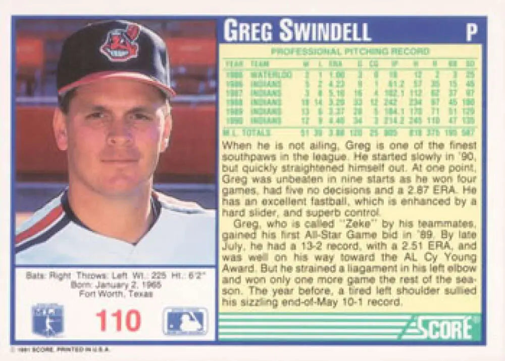 Baseball card of Greg Swindell, Cleveland Indians player, with stats on the back