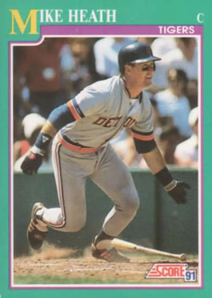 1991 Score Mike Heath Baseball Card featuring a Detroit Tigers player in gray uniform