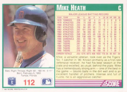 Baseball card of Mike Heath in blue helmet featuring Detroit Tigers stats on back