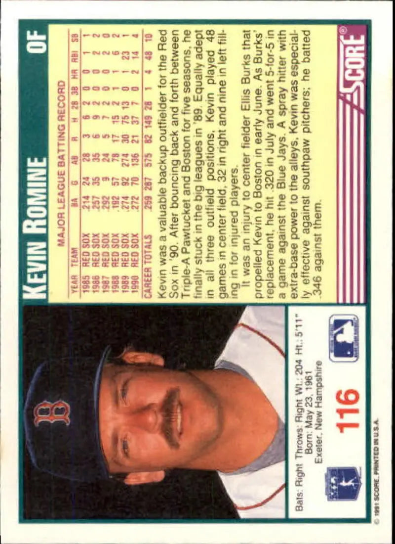 1991 Score #116 Kevin Romine NM-MT Boston Red Sox Baseball Card featuring Red Sox player