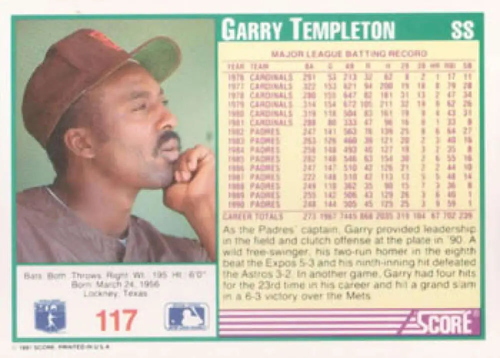 1991 Score #117 Garry Templeton NM-MT Baseball Card for San Diego Padres in red cap