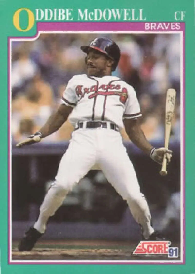 Atlanta Braves baseball card of Oddibe McDowell in batting stance with home uniform