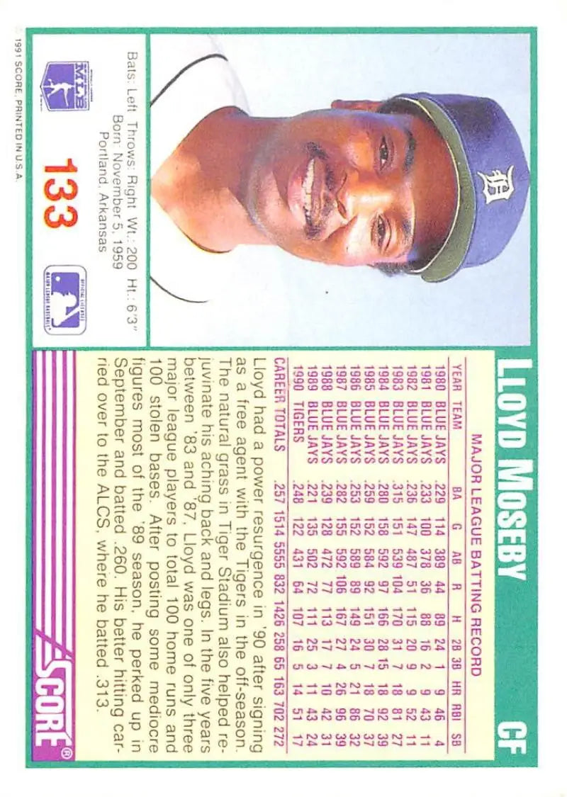 Lloyd Moseby 1991 Score baseball card featuring Detroit Tigers player in blue cap