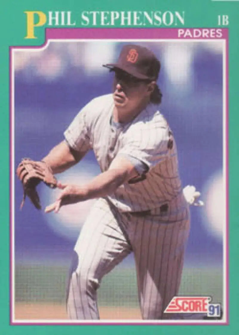 Baseball card of Phil Stephenson pitching for the San Diego Padres in pinstripes