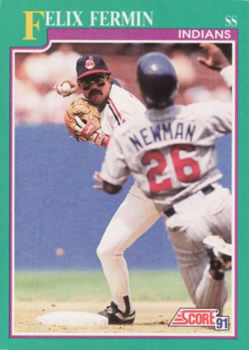 Baseball card of Felix Fermin capturing a double play attempt for the Cleveland Indians